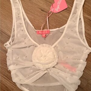 Sugar Thrillz White Sheer Tank with Pearl Details